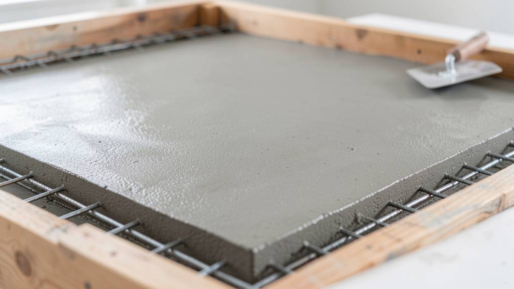 Coffrage bois d'une dalle béton de 15 m² maintenu par des chevrons et des piquets